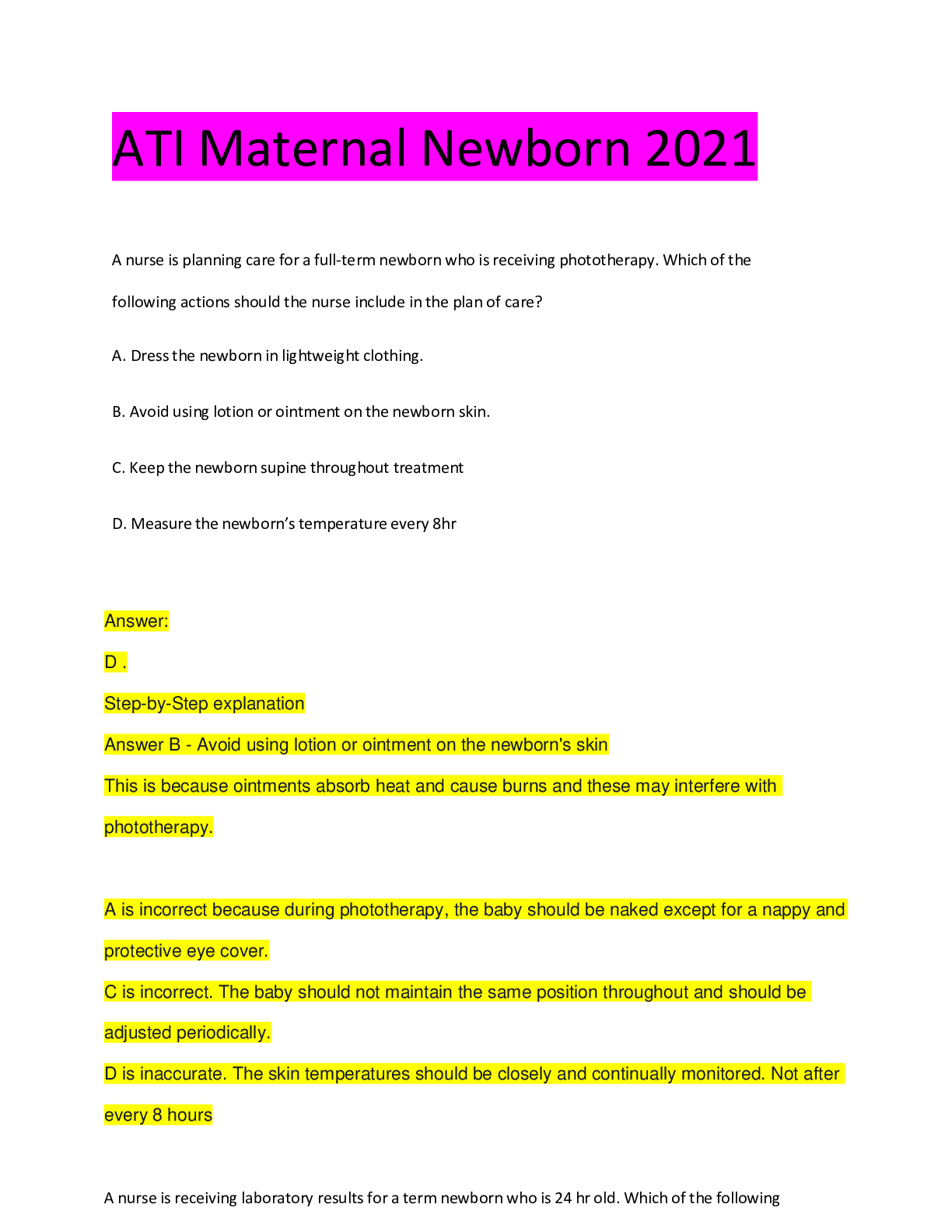 Preview of ATI Maternal Newborn 2021 (A Grade), Questions and Answers, All Correct Study Guide, Downl